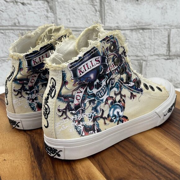 VTG Ed Hardy Canvas Laceless Skull Tiger Print Womens 5 High Top Slip On Shoes - Picture 5 of 13